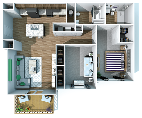 Floor plan for 2 beds, 2 baths, 957 sqft